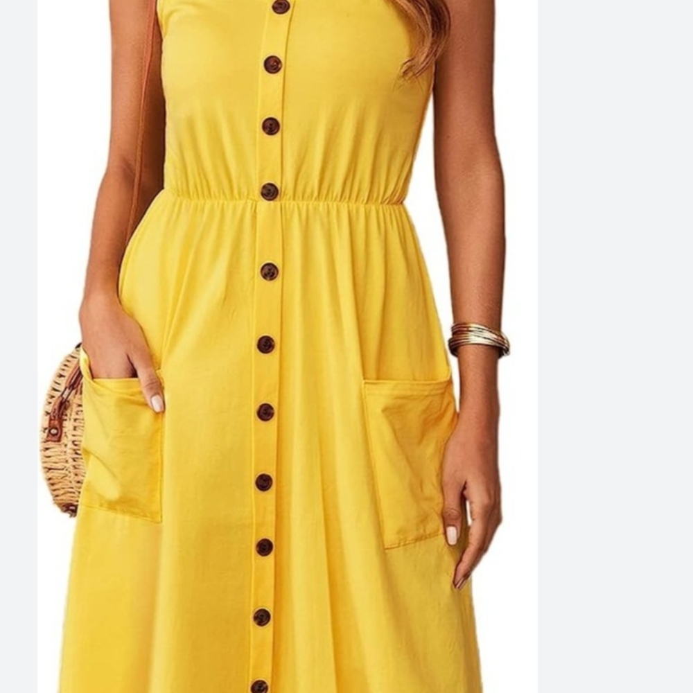 Yellow Sleeveless Midi Sundress with Spaghetti Straps